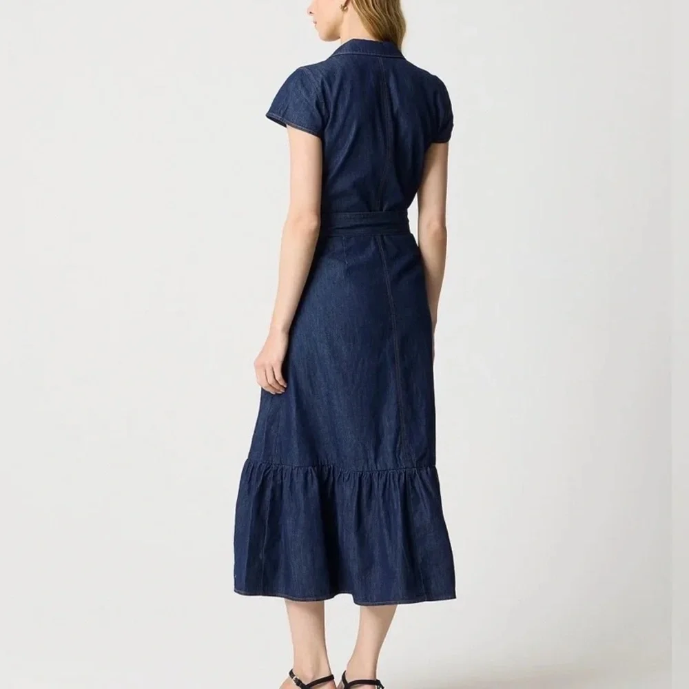 J. Crew Denim Tie Waist Tiered Hem Midi Dress Size 8 Old Money Preppy Minimalist - Picture 2 of 14